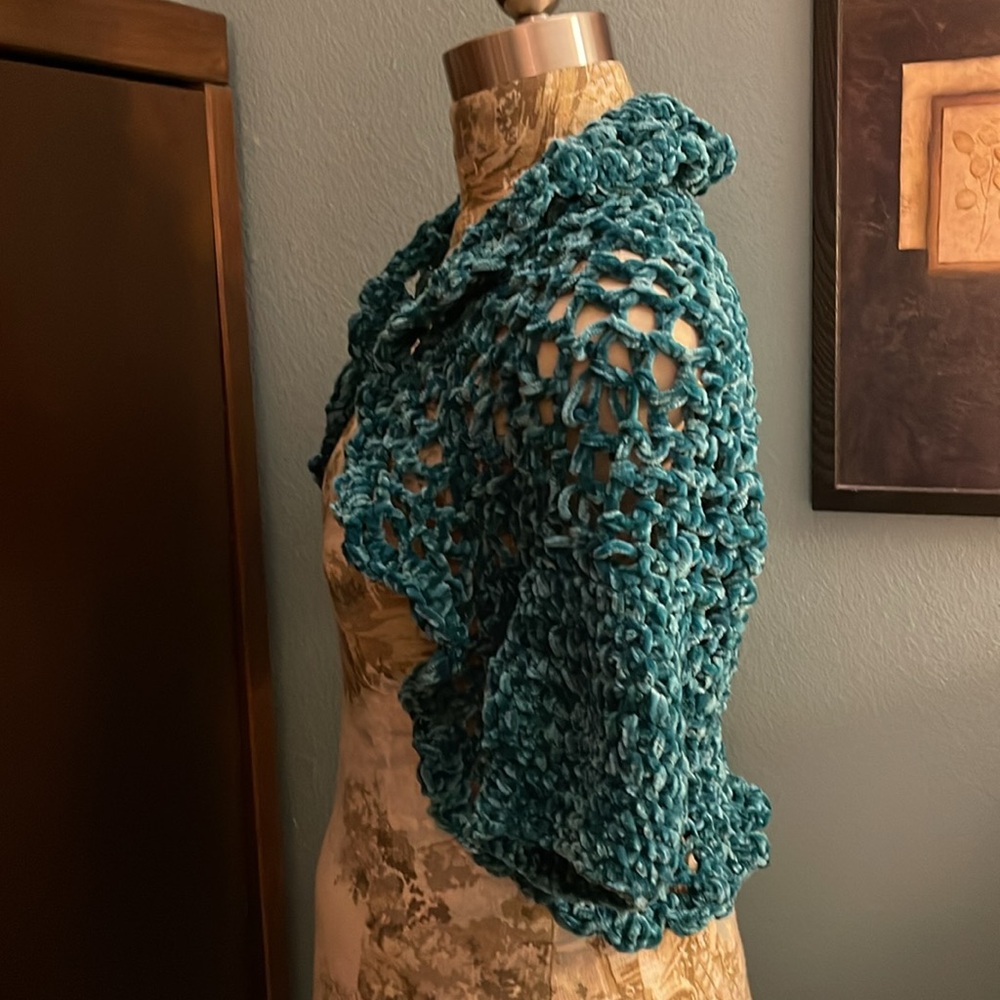 Teal Open-Knit Chenille Women's Sweater Shrug - Picture 3 of 4